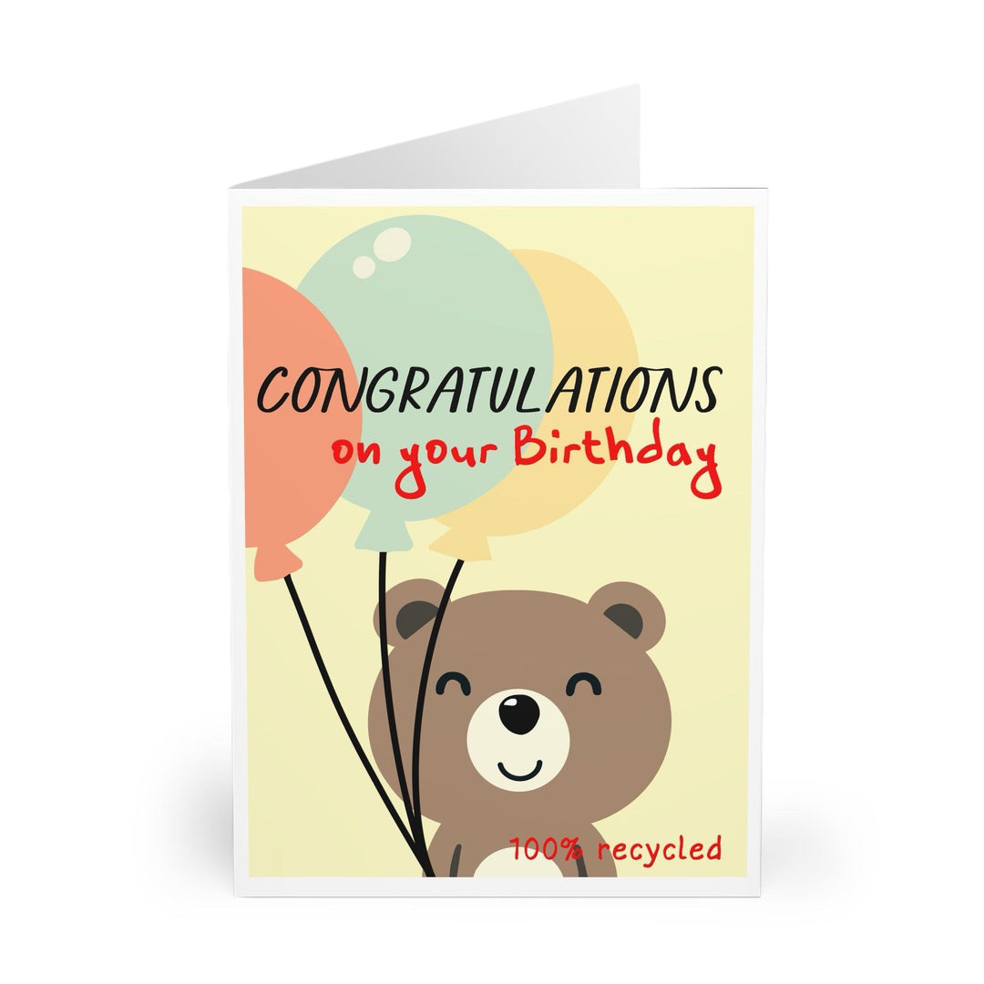 Cute birthday card featuring a smiling bear holding balloons with the phrase 'Congratulations on your Birthday.' A sweet and simple way to celebrate someone’s special day - Baby Keo