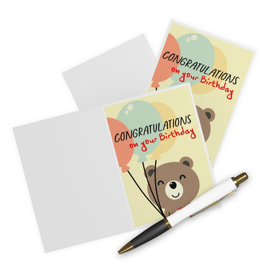 Cute birthday card featuring a smiling bear holding balloons with the phrase 'Congratulations on your Birthday.' A sweet and simple way to celebrate someone’s special day - Baby Keo