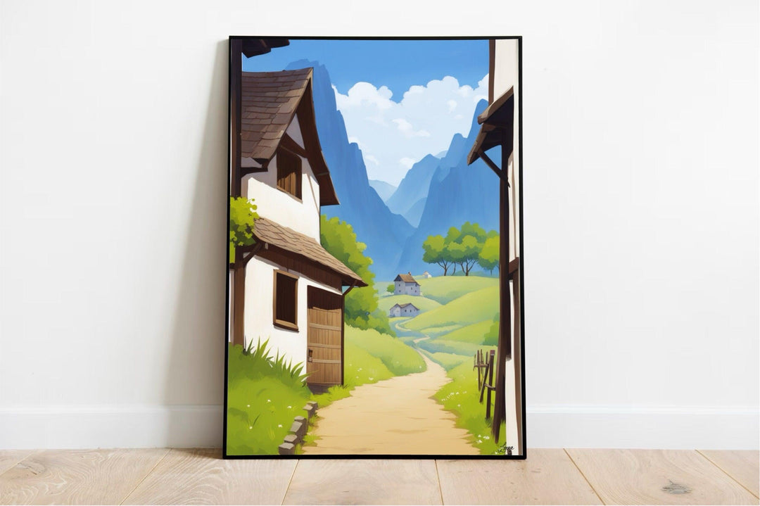 Discover the enchanting "Serene Retreat Print," a stunning piece of art that instantly captures your imagination. Nestled against a white wall, this artwork beautifully depicts a tranquil rural landscape. Picture yourself wandering down a winding dirt path, surrounded by charming rustic houses and vibrant greenery that creates an oasis of peace. In the distance, majestic mountains stand proudly beneath a bright blue sky dotted with fluffy white clouds. Let this captivating print transport you to serene land