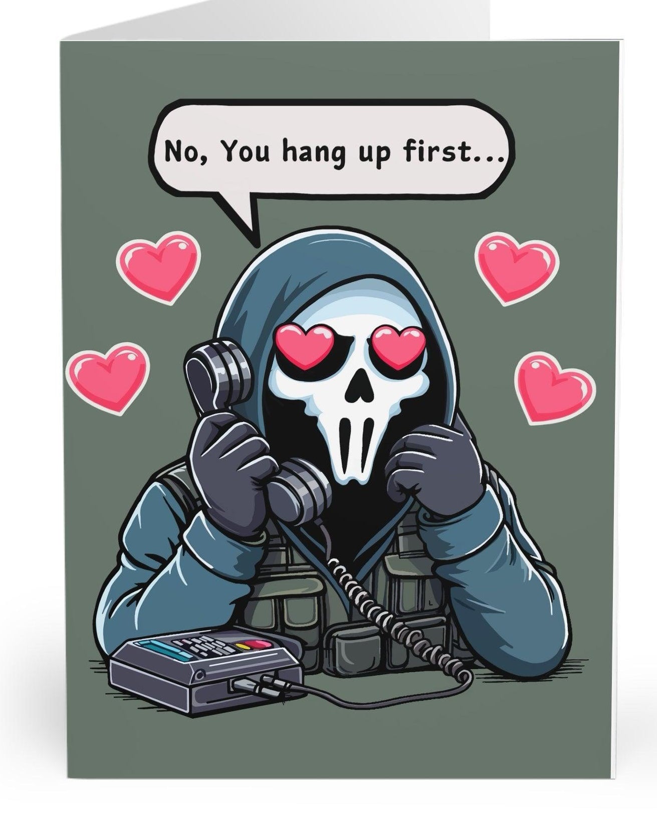 Cute card with a character holding a phone and surrounded by hearts, with the phrase 'No, You Hang Up First.' Ideal for romantic or playful exchanges -  KEOLIX