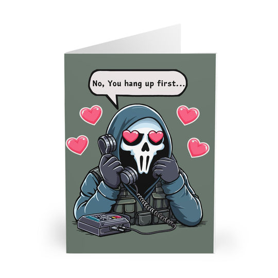 Cute card with a character holding a phone and surrounded by hearts, with the phrase &