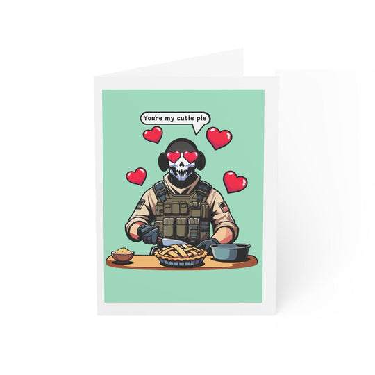 Cute card featuring a tactical character with a pie and the phrase &