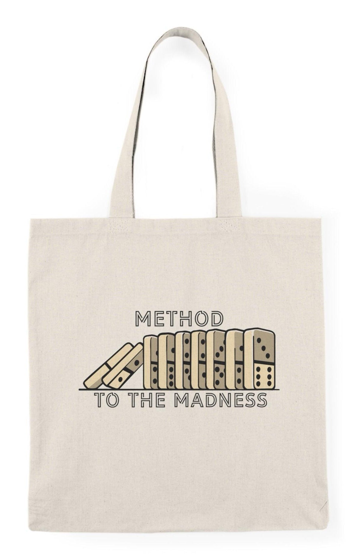 A cream-colored tote bag featuring a quirky design with the phrase 'Method to the Madness' accompanied by a whimsical illustration of a pencil and a notepad. The playful font and graphic emphasize a humorous take on creativity and the chaotic process of brainstorming
KEOLIX 