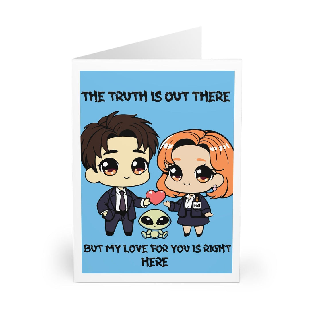 Fun greeting card featuring a cartoon couple inspired by popular sci-fi with the text 'The Truth is Out There, but My Love for You is Right Here.' Ideal for fans of conspiracy theories or sci-fi romance - Baby Keo