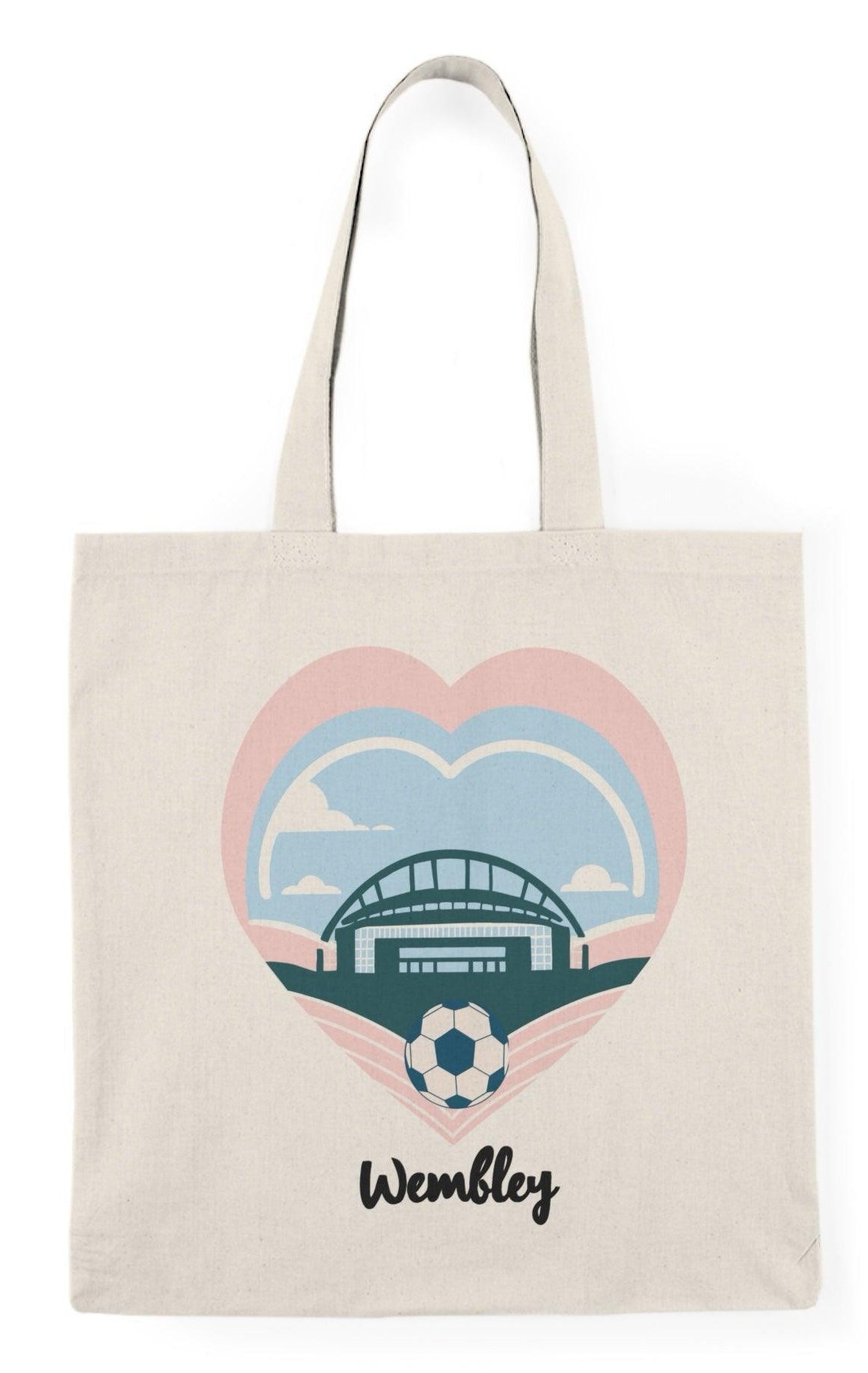 A natural tote bag featuring a graphic illustration of the iconic Wembley Stadium, surrounded by heart motifs. This design celebrates the spirit of the venue, making it a perfect accessory for sports fans and music lovers alike  KEOLIX