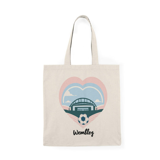 A natural tote bag featuring a graphic illustration of the iconic Wembley Stadium, surrounded by heart motifs. This design celebrates the spirit of the venue, making it a perfect accessory for sports fans and music lovers alike