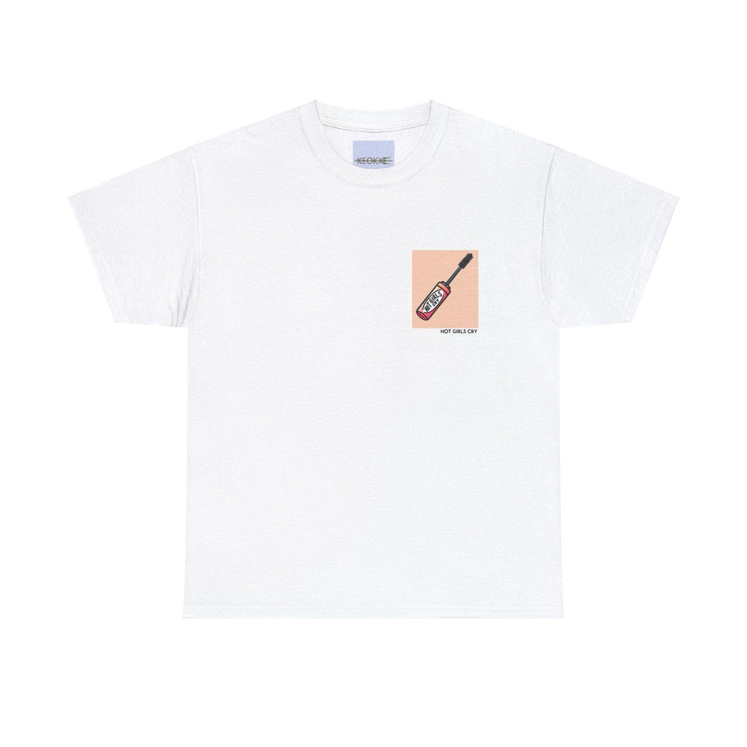 White T-shirt with a bold illustration of a crying mascara wand and the phrase 'Hot Girls Cry.' A playful yet honest design that adds a twist of humor to emotional moments."