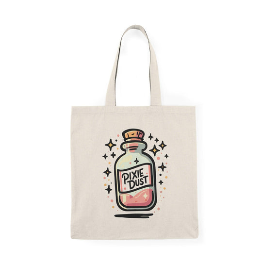 A natural canvas tote bag showcasing a whimsical design of a potion bottle labeled 'Pixie Dust,' surrounded by sparkling stars. The enchanting graphic captures the essence of magic and fantasy, perfect for those who love all things mystical