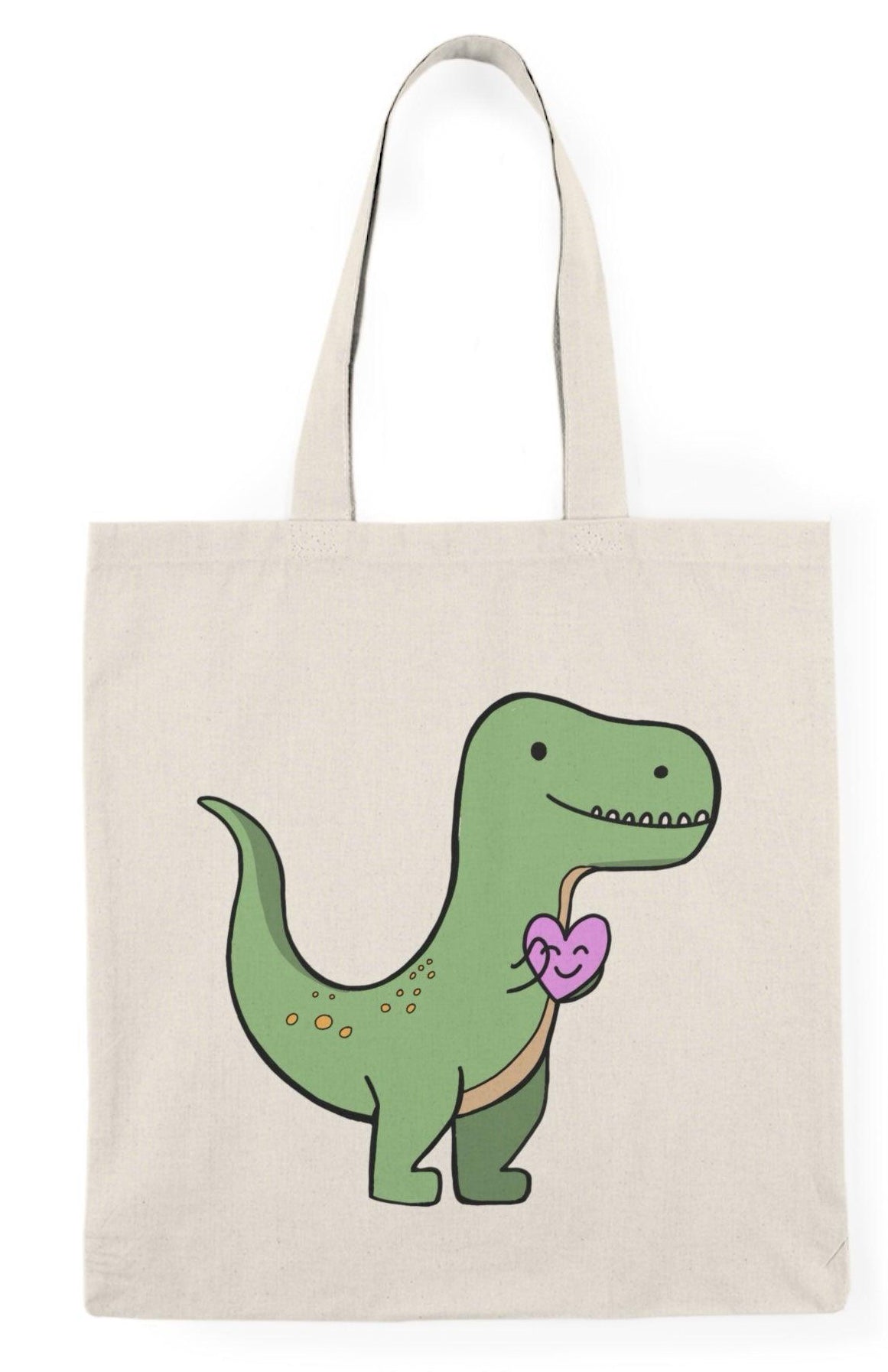 A natural canvas tote bag showcasing a charming graphic of a T-rex holding a pink heart. The cute and humorous design combines love and prehistoric fun, making it an ideal accessory for dinosaur lovers and those with a quirky sense of humor.