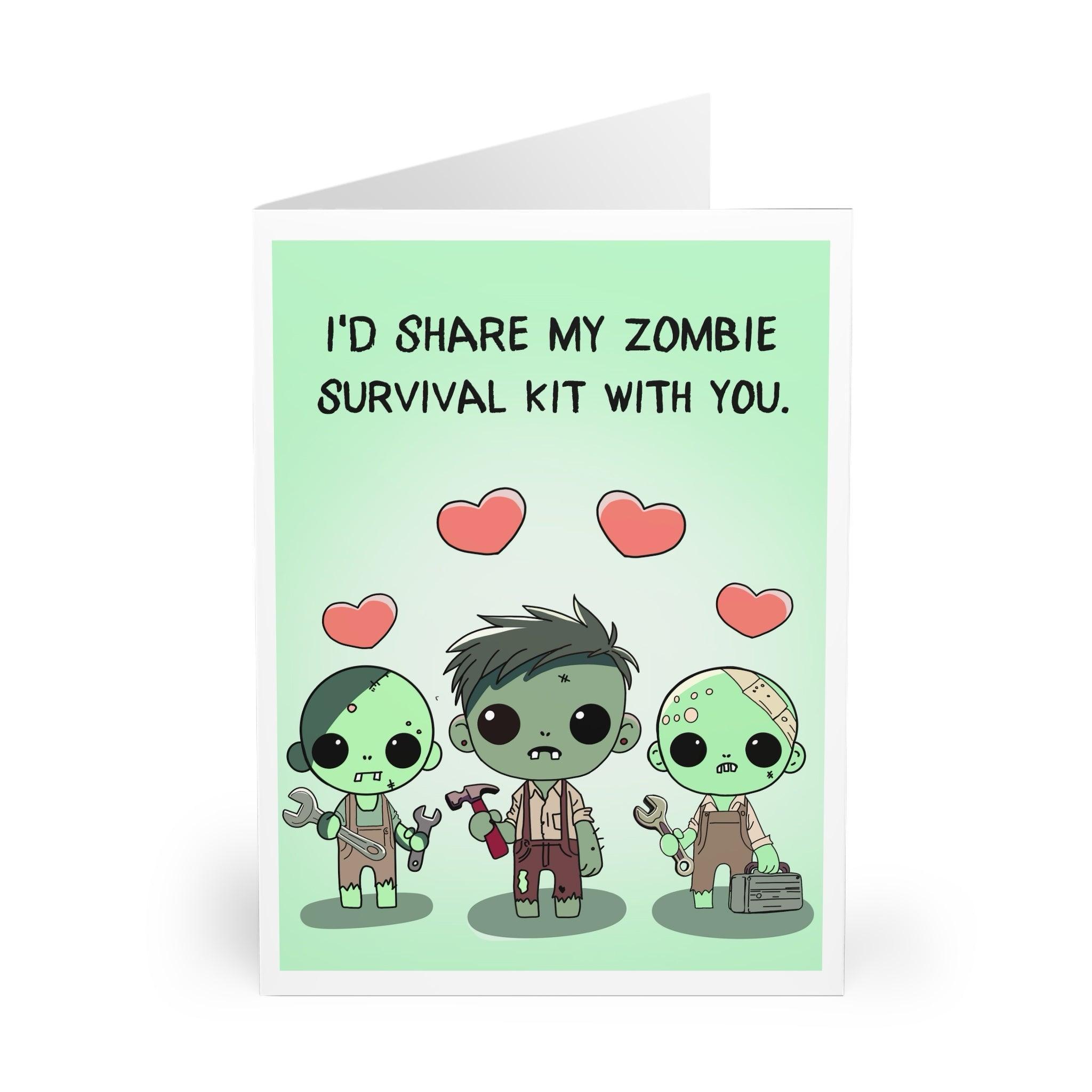 Fun and quirky greeting card featuring two zombies with the phrase 'I’d Share My Zombie Survival Kit with You.' Ideal for zombie apocalypse fans or as a playful way to show someone you care - Baby Keo