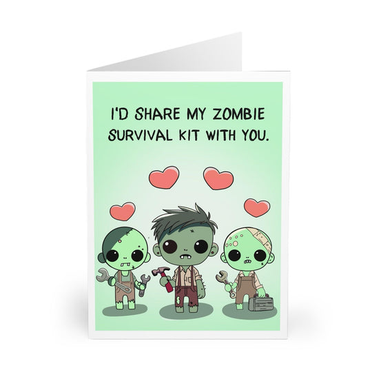 Fun and quirky greeting card featuring two zombies with the phrase &