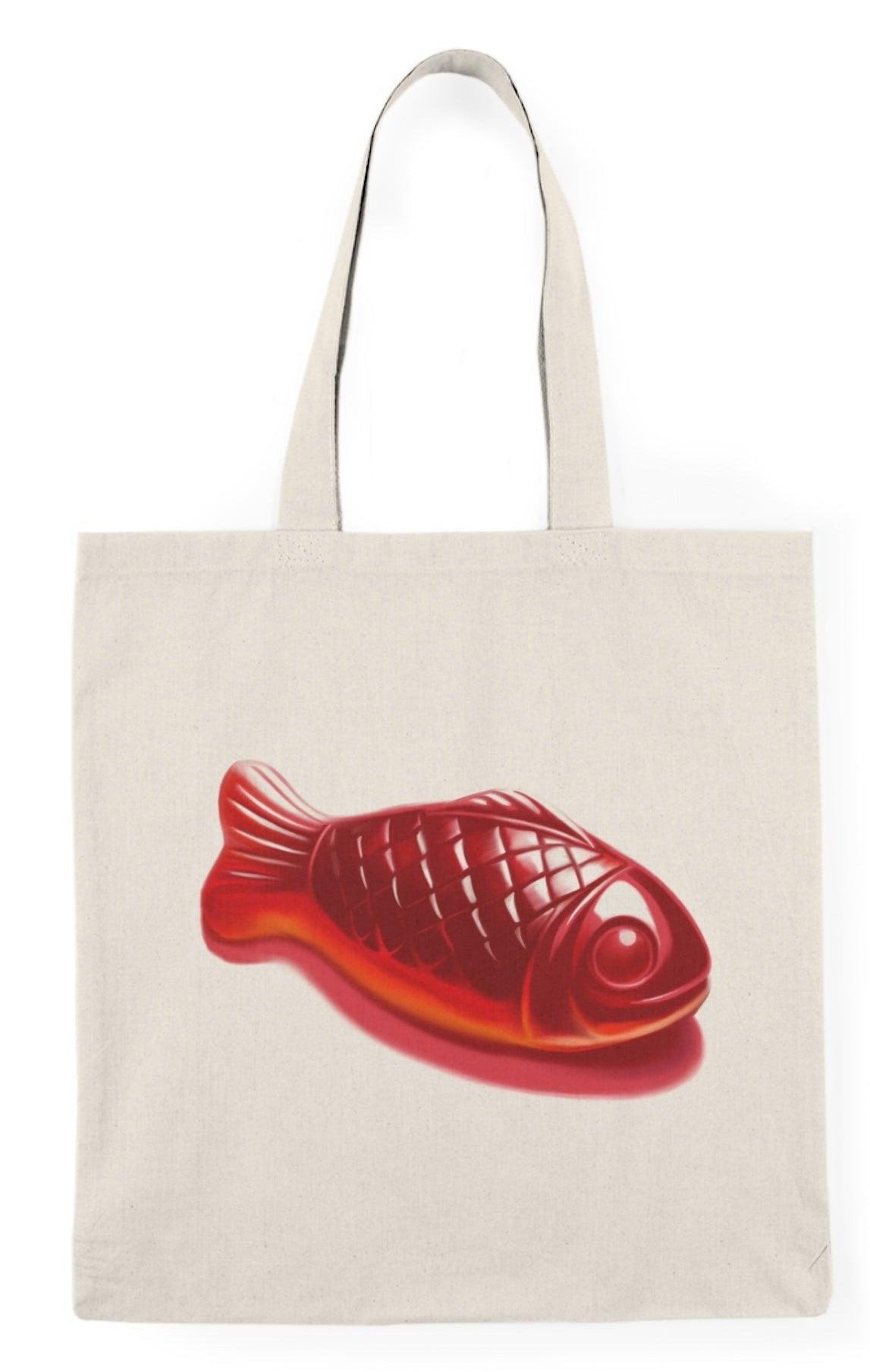 Eco-friendly canvas tote bag featuring a bright red Swedish Fish candy illustration. Perfect for grocery runs, casual outings, or as a fun gift for candy lovers -KEOLIX