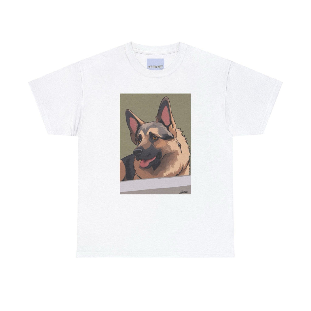 White T-shirt featuring a realistic cartoon-style German Shepherd dog. A perfect design for German Shepherd enthusiasts or dog lovers in general, capturing the playful nature of the breed