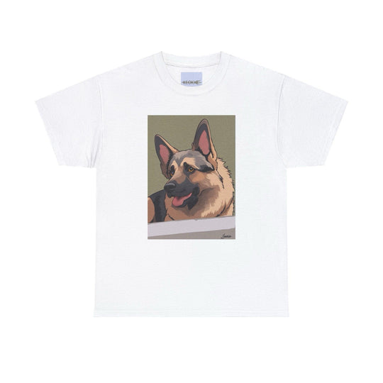 White T-shirt featuring a realistic cartoon-style German Shepherd dog. A perfect design for German Shepherd enthusiasts or dog lovers in general, capturing the playful nature of the breed