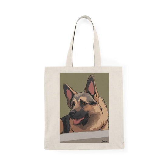 Tote bag featuring a charming illustration of a German Shepherd dog, showcasing its distinctive features and loyal demeanor. The vibrant design and detailed artwork create a perfect accessory for dog lovers, ideal for carrying everyday essentials while celebrating the beauty of this beloved breed."