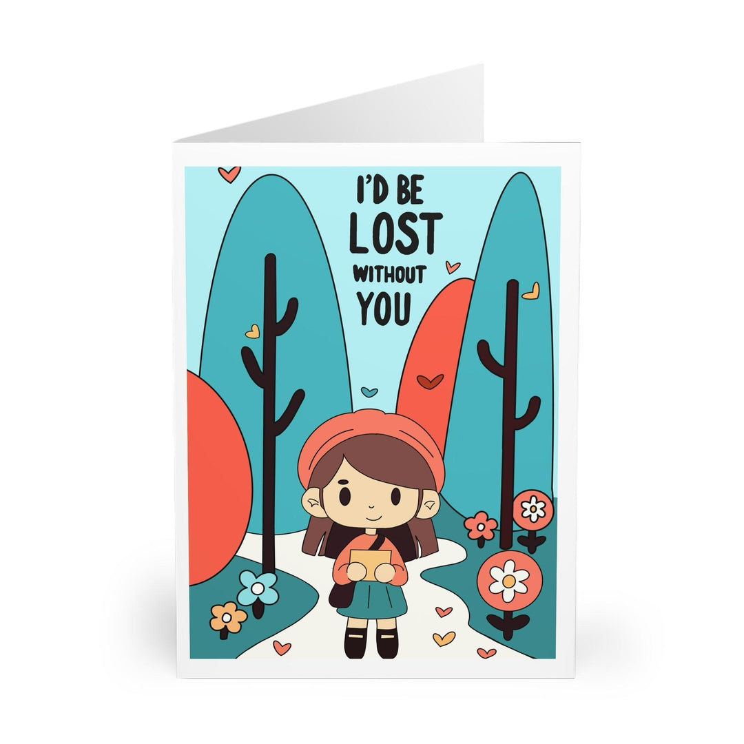 Cute greeting card featuring a character in a forest setting with the phrase 'I’d Be Lost Without You.' A sweet way to express appreciation and love for someone special - Baby Keo.