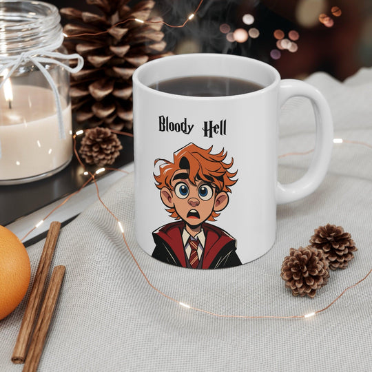 Humorous ceramic mug featuring a red-headed, wide-eyed character in a school uniform, exclaiming 'Bloody Hell!' A perfect gift for fans of British culture or magical-themed worlds, ideal for morning coffee or tea - Baby Keo.