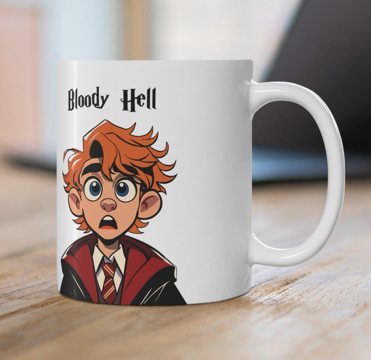 Humorous ceramic mug featuring a red-headed, wide-eyed character in a school uniform, exclaiming 'Bloody Hell!' A perfect gift for fans of British culture or magical-themed worlds, ideal for morning coffee or tea  KEOLIX 