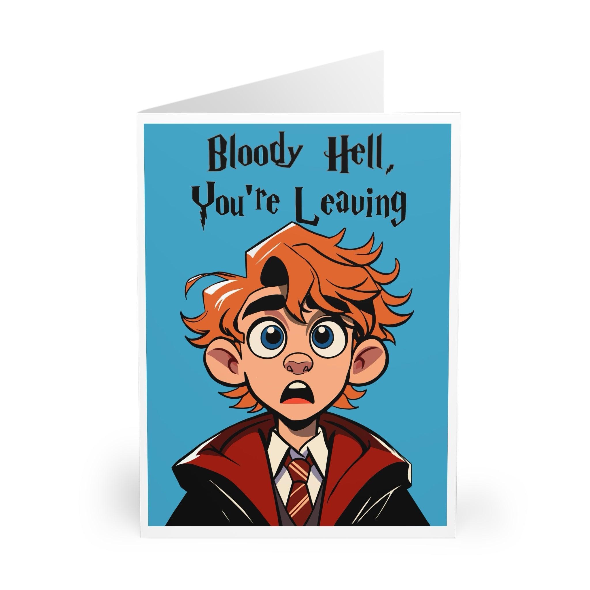 Funny farewell card featuring a shocked red-headed character in a school uniform with the exclamation 'Bloody Hell, You're Leaving!' Perfect for saying goodbye with humor, ideal for fans of British culture or magical-themed series - Baby Keo.