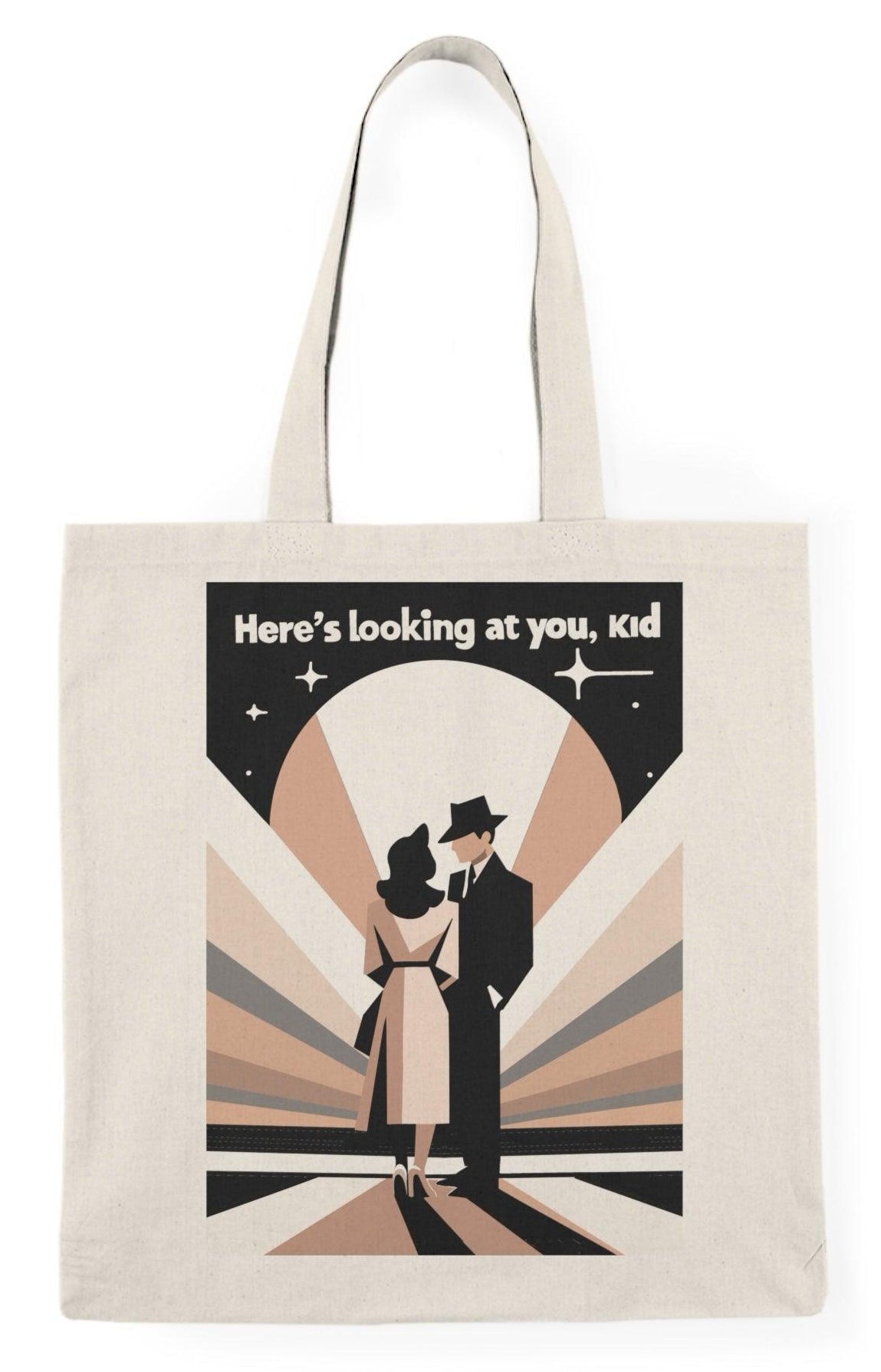 Stylish canvas tote bag featuring a vintage-inspired design with a figure in a suit and the quote 'Here’s Looking at You Kid' in black and white. A perfect tote for movie lovers or vintage enthusiasts - KEOLIX