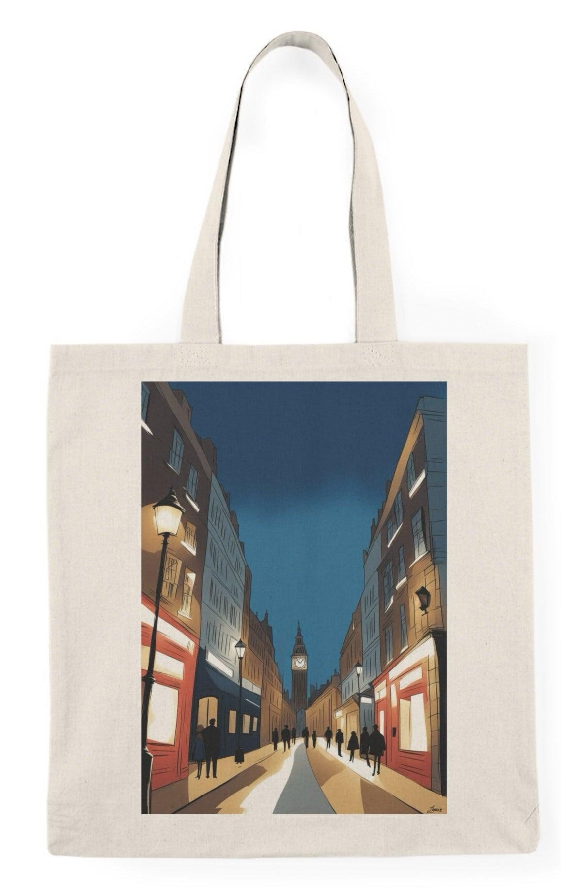 A cream-colored tote bag showcasing a stunning photographic print of a vibrant London nightscape, featuring illuminated buildings and streets. This eye-catching design captures the essence of city life at night, perfect for those who love urban exploration  KEOLIX