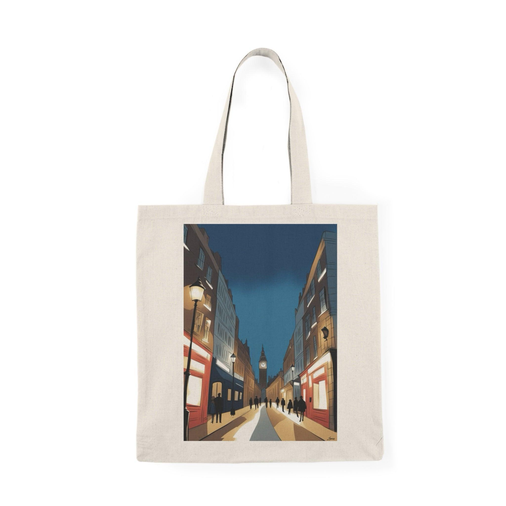 A cream-colored tote bag showcasing a stunning photographic print of a vibrant London nightscape, featuring illuminated buildings and streets. This eye-catching design captures the essence of city life at night, perfect for those who love urban exploration