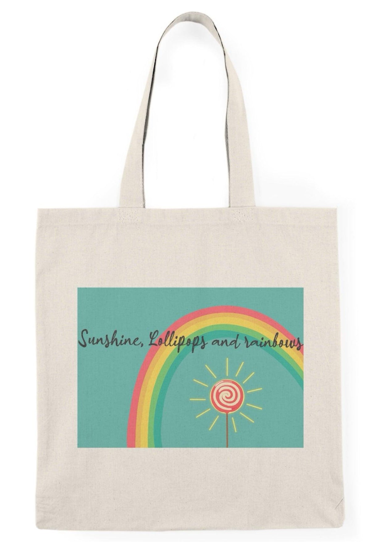 A cream tote bag adorned with a colorful graphic featuring a rainbow, lollipops, and sunshine with the text 'Sunshine, Lollipops and Rainbows.' This cheerful design radiates positivity and happiness, making it a delightful accessory for brightening up any day." KEOLIX 