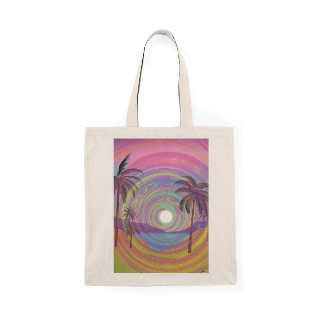 A natural tote bag adorned with a vibrant, swirling graphic that represents a psychedelic beach scene, featuring palm trees and colorful waves. The eye-catching design evokes a sense of relaxation and adventure, making it an ideal accessory for beach lovers