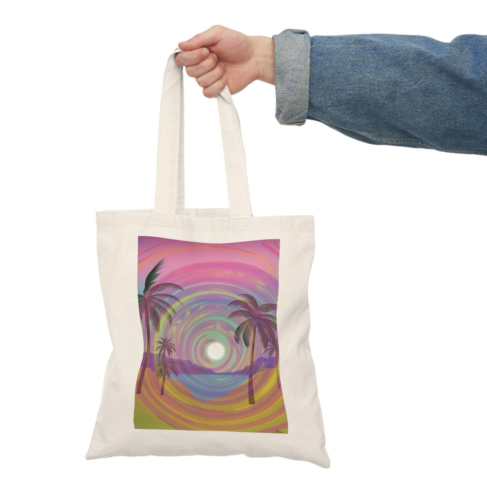 A natural tote bag adorned with a vibrant, swirling graphic that represents a psychedelic beach scene, featuring palm trees and colorful waves. The eye-catching design evokes a sense of relaxation and adventure, making it an ideal accessory for beach lovers