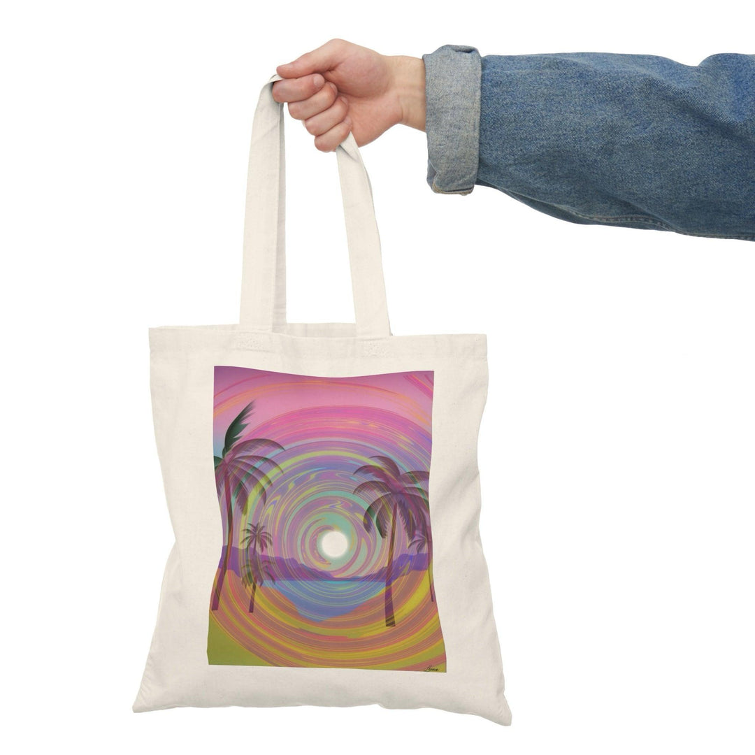 A natural tote bag adorned with a vibrant, swirling graphic that represents a psychedelic beach scene, featuring palm trees and colorful waves. The eye-catching design evokes a sense of relaxation and adventure, making it an ideal accessory for beach lovers