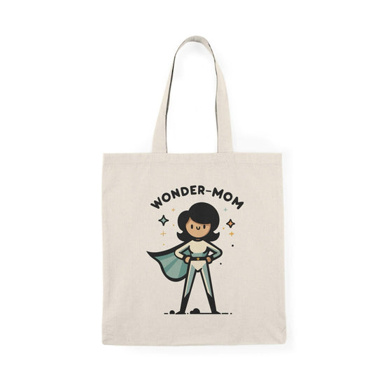 A natural canvas tote bag showcasing a playful illustration of a superhero mom with the text 'Wonder Mum.' The charming design celebrates the superhero qualities of mothers, making it a perfect gift for mothers or anyone who appreciates their hard work.