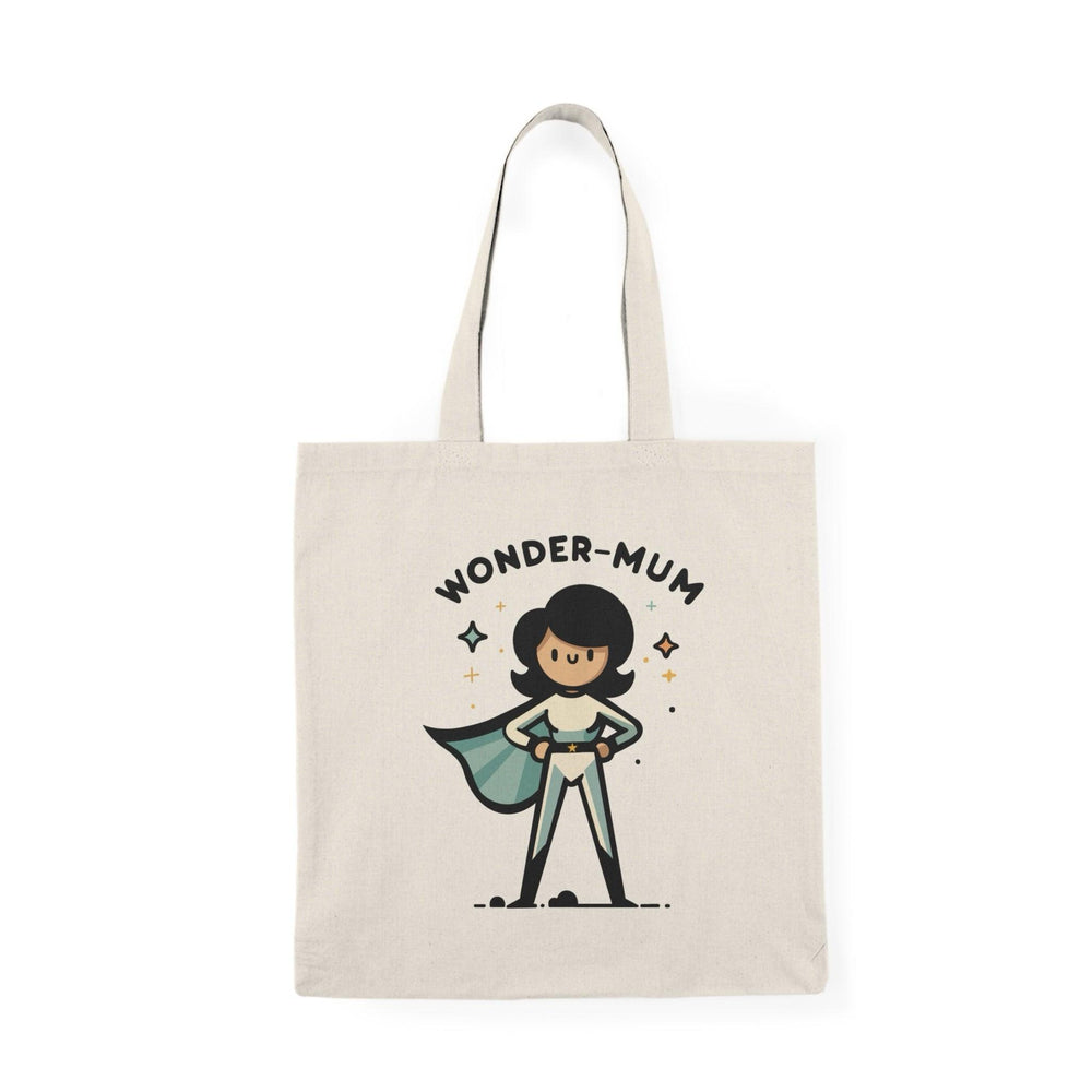 A natural canvas tote bag showcasing a playful illustration of a superhero mom with the text 'Wonder Mum.' The charming design celebrates the superhero qualities of mothers, making it a perfect gift for mothers or anyone who appreciates their hard work.