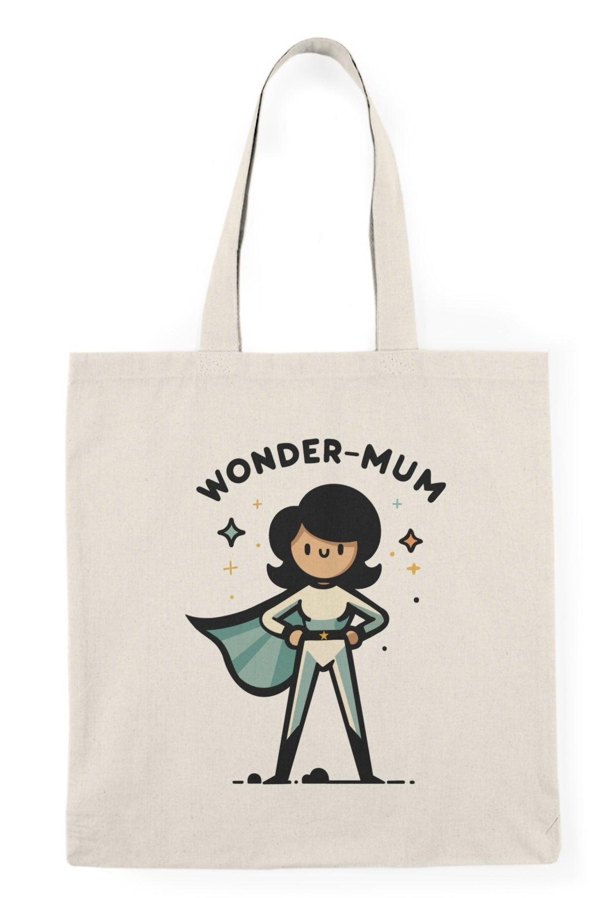 A natural canvas tote bag showcasing a playful illustration of a superhero mom with the text 'Wonder Mum.' The charming design celebrates the superhero qualities of mothers, making it a perfect gift for mothers or anyone who appreciates their hard work.