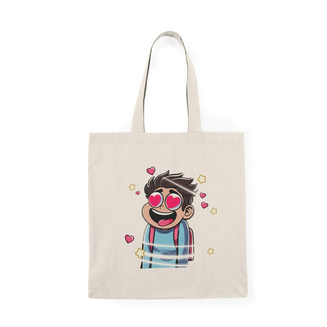 Tote bag featuring a whimsical illustration of a character enveloped in a swirl of vibrant colors and hearts, capturing the essence of being 'Dizzy in Love.' The playful design and bright hues create a romantic and fun accessory, perfect for expressing affection and adding a splash of love to your everyday style."