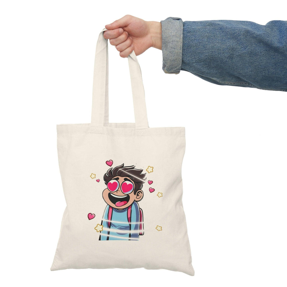 Tote bag featuring a whimsical illustration of a character enveloped in a swirl of vibrant colors and hearts, capturing the essence of being 'Dizzy in Love.' The playful design and bright hues create a romantic and fun accessory, perfect for expressing affection and adding a splash of love to your everyday style."