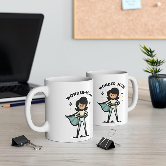'Wonder Mom/Mum' Mug - "White ceramic mug with a cartoon Wonder Mom/Mum character, a fun and empowering gift for moms who do it all."