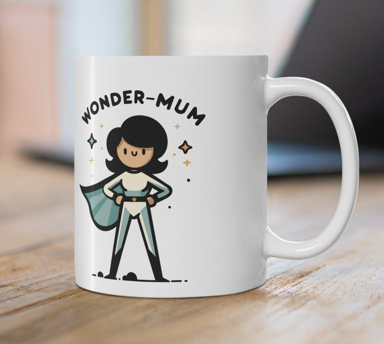 'Wonder Mom/Mum' Mug - "White ceramic mug with a cartoon Wonder Mom/Mum character, a fun and empowering gift for moms who do it all." KEOLIX 