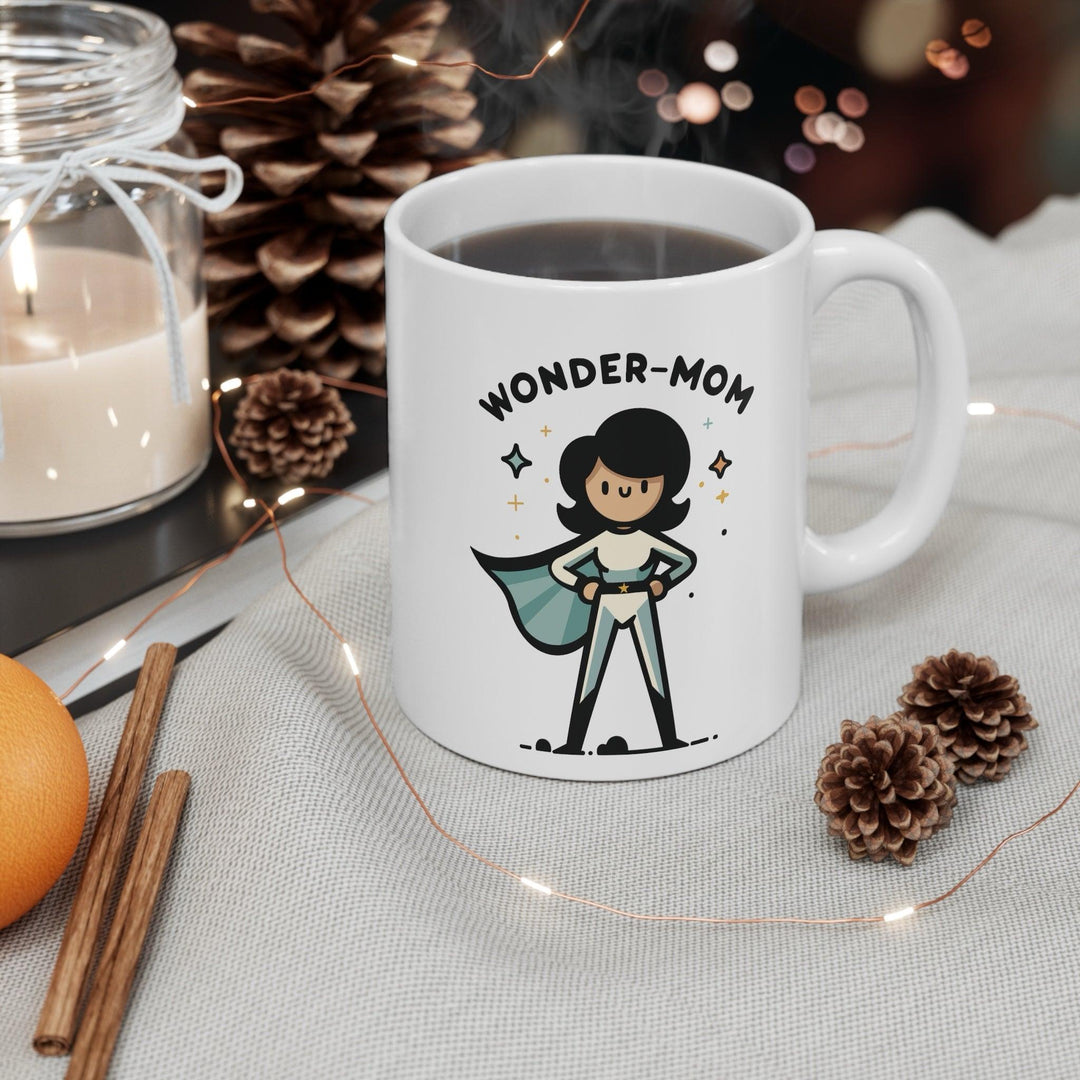 'Wonder Mom/Mum' Mug - "White ceramic mug with a cartoon Wonder Mom/Mum character, a fun and empowering gift for moms who do it all."