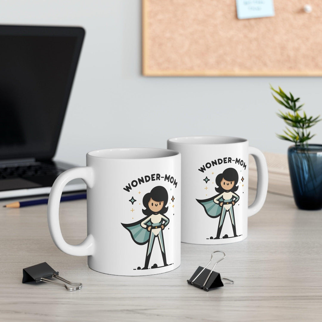 'Wonder Mom/Mum' Mug - "White ceramic mug with a cartoon Wonder Mom/Mum character, a fun and empowering gift for moms who do it all."