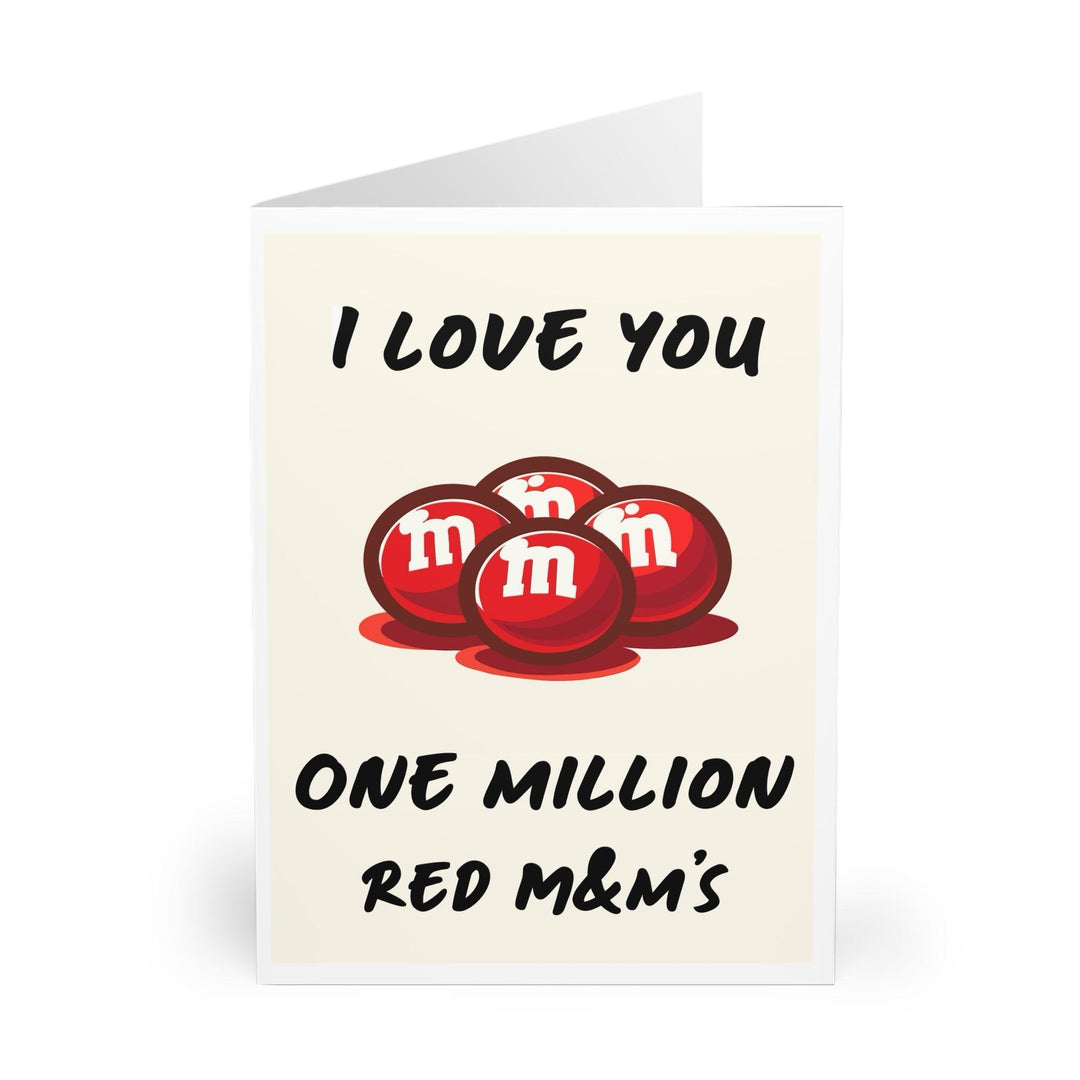 Fun and sweet card featuring a pile of red M&M’s with the phrase 'I Love You One Million Red M&M’s.' A perfect card for expressing big love in a playful way - Baby Keo