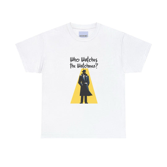 White T-shirt featuring a silhouette of a mysterious figure, with the phrase 'Who Watches the Watchmen?' A classic reference for fans of comics and graphic novels