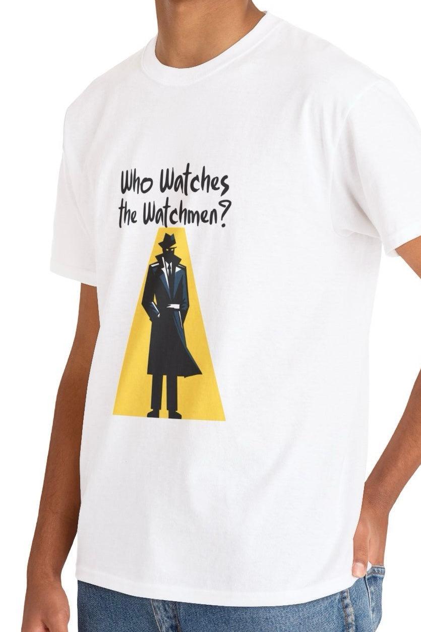 White T-shirt featuring a silhouette of a mysterious figure, with the phrase 'Who Watches the Watchmen?' A classic reference for fans of comics and graphic novels