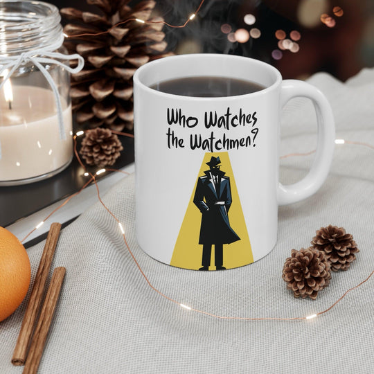 Who Watches the Watchmen?' Mug - "White ceramic mug featuring a Watchmen-inspired design, perfect for fans of the comic book series and movies."