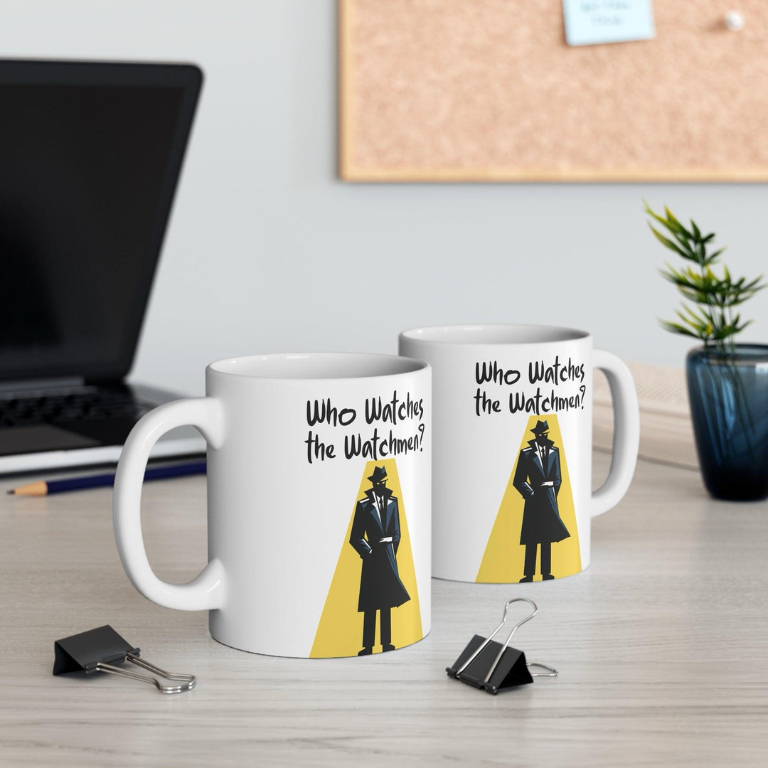 Who Watches the Watchmen?' Mug - "White ceramic mug featuring a Watchmen-inspired design, perfect for fans of the comic book series and movies."