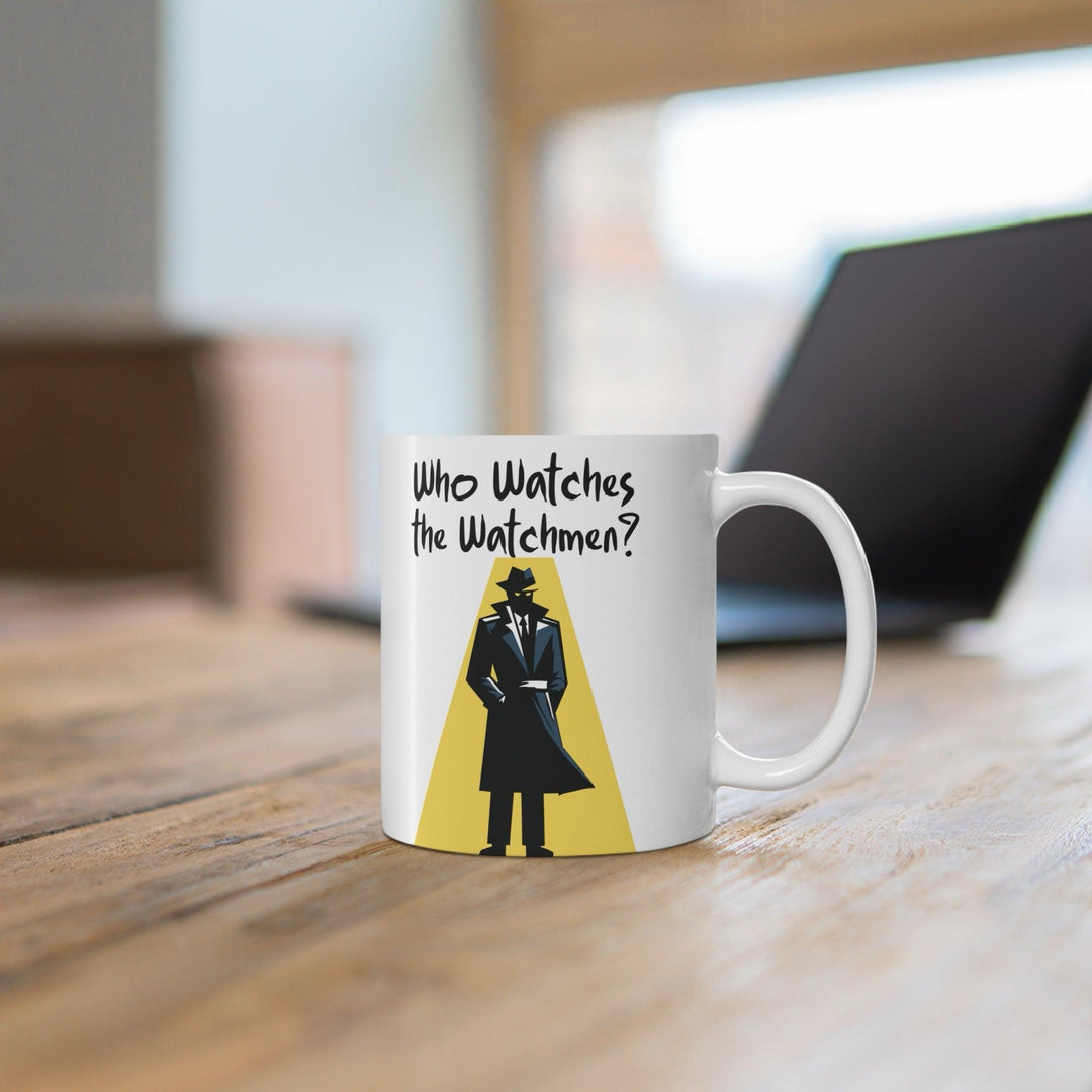 Who Watches the Watchmen?' Mug - "White ceramic mug featuring a Watchmen-inspired design, perfect for fans of the comic book series and movies."