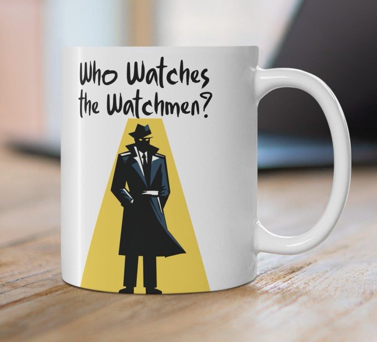 Who Watches the Watchmen?' Mug - "White ceramic mug featuring a Watchmen-inspired design, perfect for fans of the comic book series and movies."