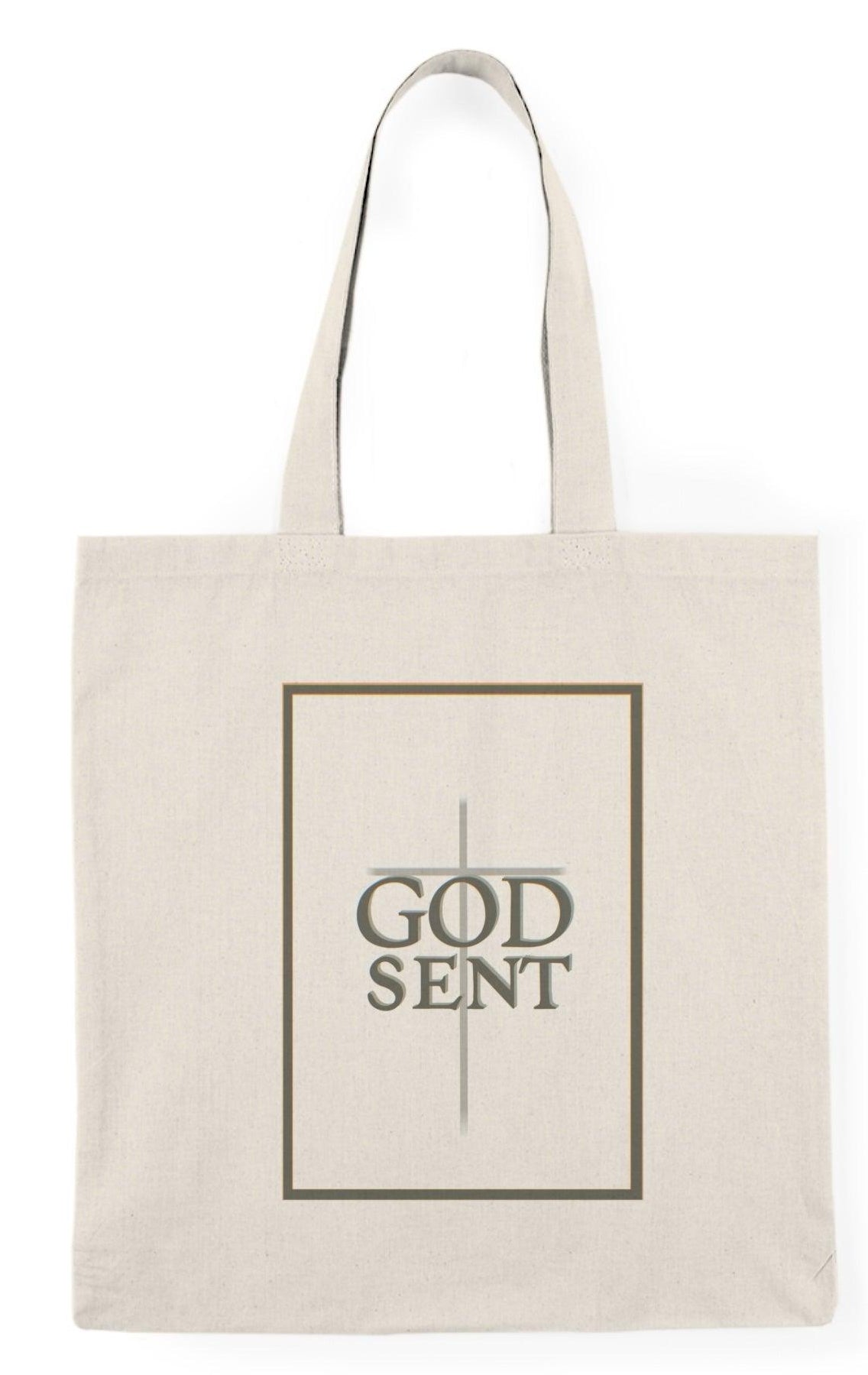 Tote bag featuring a striking design with the word 'Godsent' elegantly displayed, complemented by artistic elements that evoke a sense of faith and inspiration. The bold typography and vibrant colors create a meaningful accessory, perfect for expressing spirituality while adding style to your everyday carry."