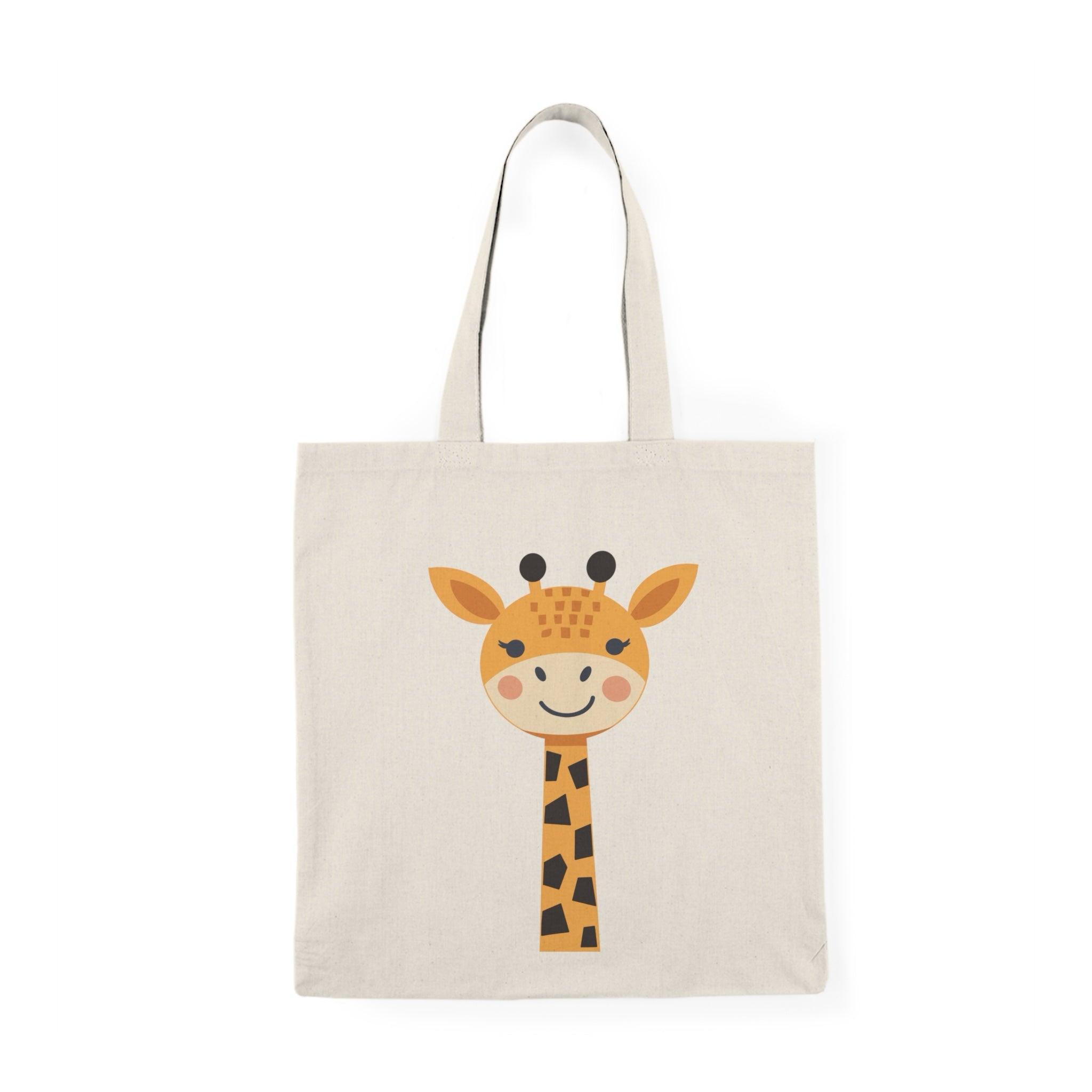 Tote bag featuring a whimsical illustration of a giraffe with a playful expression, set against a colorful background. The vibrant design captures the unique charm of this majestic animal, making it a perfect accessory for animal lovers and a fun way to carry your everyday essentials."

