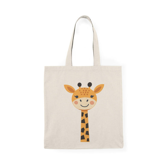Tote bag featuring a whimsical illustration of a giraffe with a playful expression, set against a colorful background. The vibrant design captures the unique charm of this majestic animal, making it a perfect accessory for animal lovers and a fun way to carry your everyday essentials."

