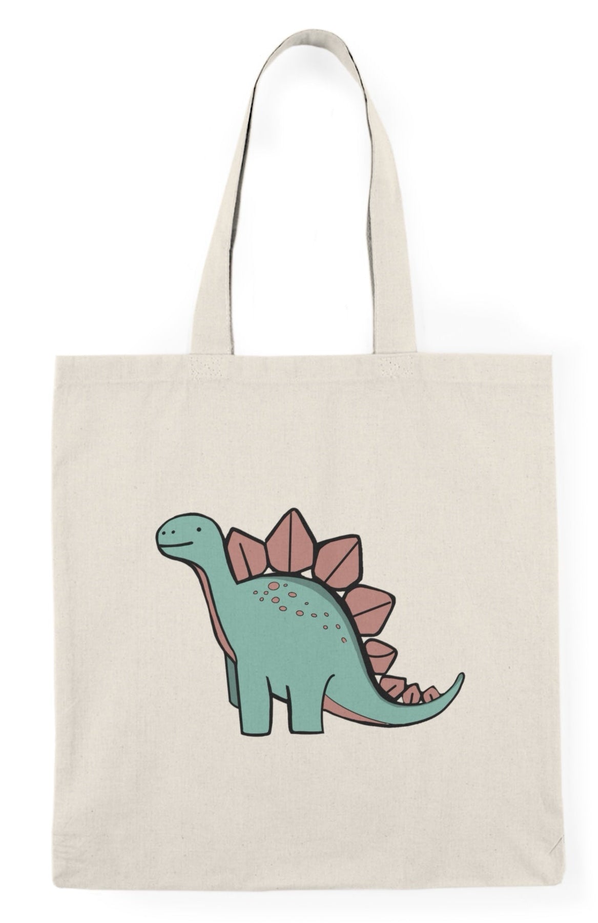 Tote bag featuring a fun and colorful illustration of a cheerful dinosaur, complete with vibrant scales and a playful expression. The whimsical design adds a touch of prehistoric charm, making it an ideal accessory for dinosaur enthusiasts and anyone looking to express their playful personality in everyday carry."